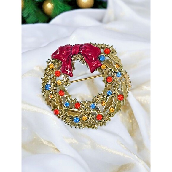 ART Christmas Wreath Brooch Vintage Enamel Signed Holiday Arthur Pepper Jewelry - Picture 11 of 11